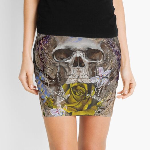 Prevail | Skull, Yellow Rose, Moth and Wildflowers Mini Skirt