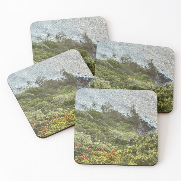 Item preview, Ocean Cliffs with Tropical Greenery and Red Blossoms designed and sold by TrisaThyme.