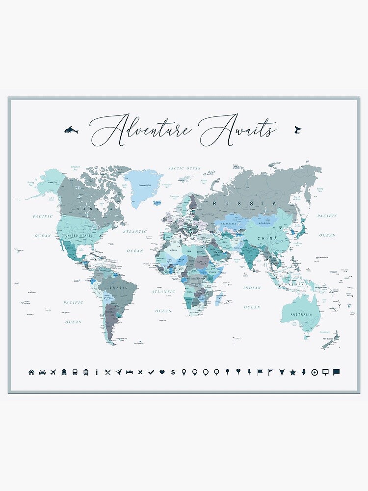 Adventure Awaits World Map in Teal by UrbanEpiphany
