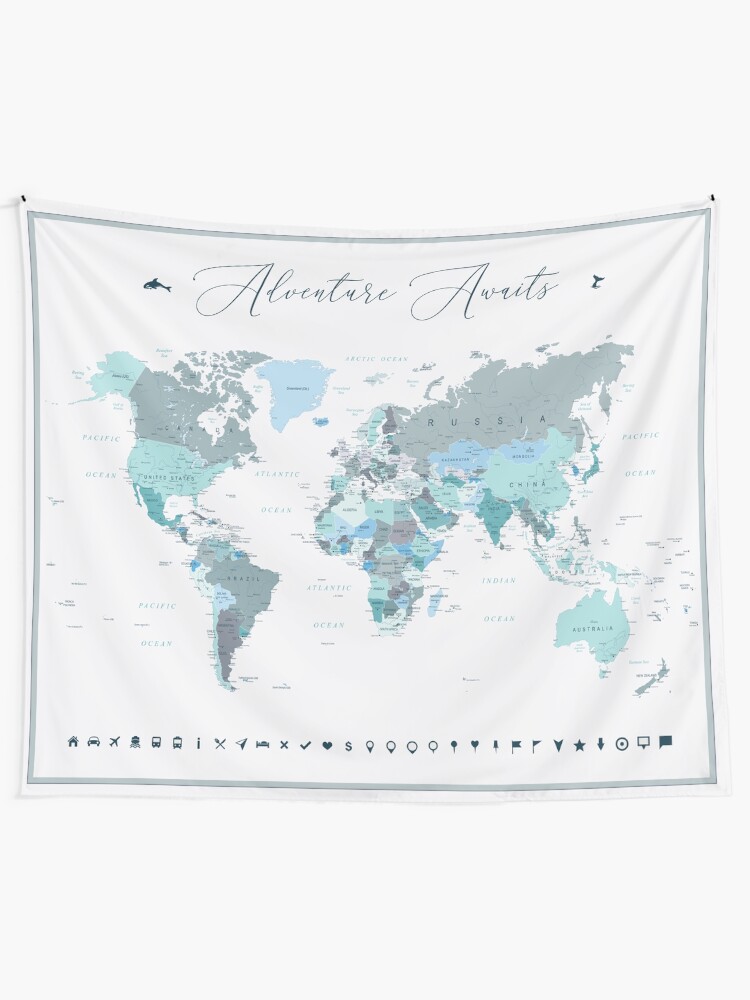 Alternate view of Adventure Awaits World Map in Teal Tapestry