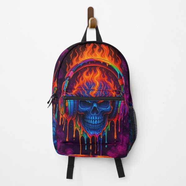 Item preview, Neon Flaming Skull with Headphones – Vibrant EDM Art designed and sold by LiLeDesigns.