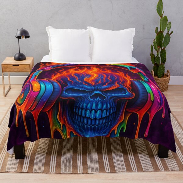 Item preview, Neon Flaming Skull with Headphones – Vibrant EDM Art designed and sold by LiLeDesigns.