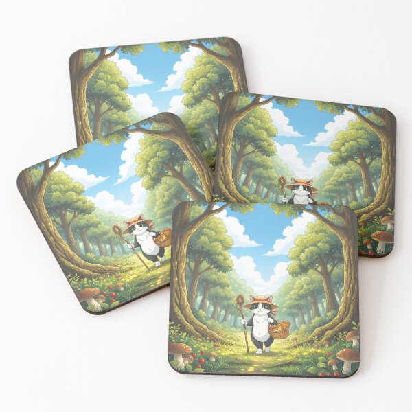 Item preview, Cottagecore Cat in the Forest Picking Mushrooms – Anime Style Art designed and sold by Koimak.