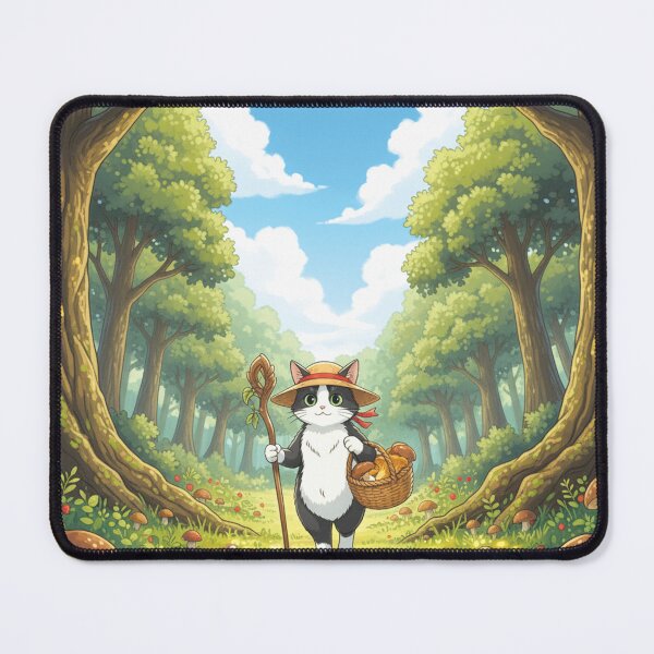 Item preview, Cottagecore Cat in the Forest Picking Mushrooms – Anime Style Art designed and sold by Koimak.