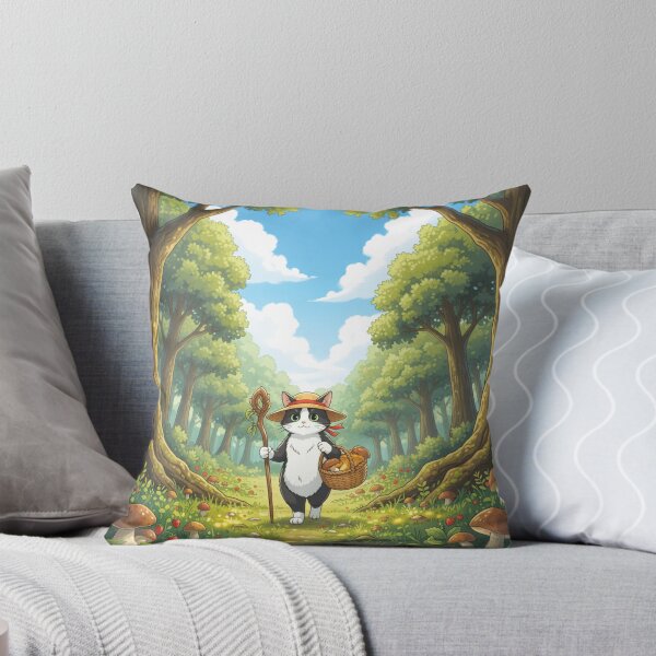 Item preview, Cottagecore Cat in the Forest Picking Mushrooms – Anime Style Art designed and sold by Koimak.
