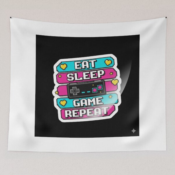 Artikelvorschau, „Eat Sleep Game Repeat“-Aufkleber – Retro-Gamer-Laptop-Aufkleber entworfen und verkauft von DigiVerse Studio.