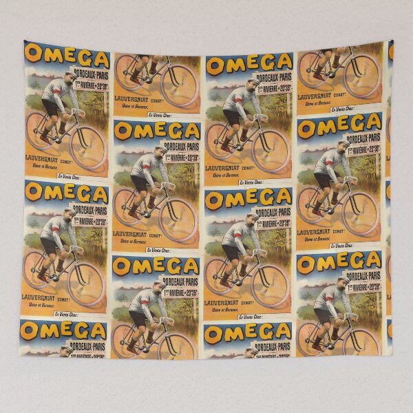 Item preview, Vintage Omega Bicycles Poster | Bordeaux-Paris Race Art | Cyclist in Historical Attire & Competitive Spirit | Bold Retro Typography designed and sold by artofuniverse.