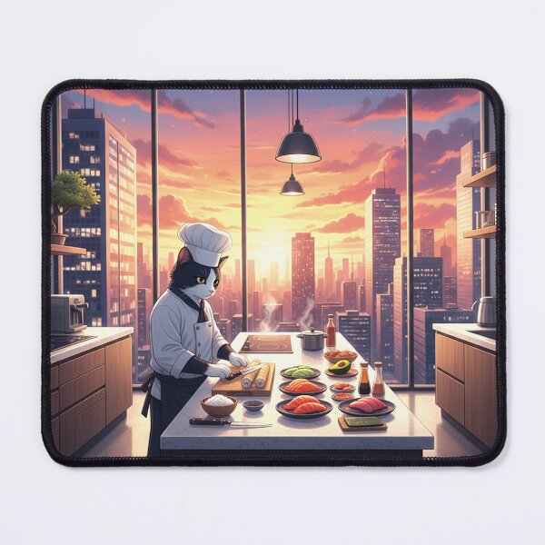 Item preview, Sushi Chef Cat at Sunset with Sunset Skyscraper View designed and sold by Koimak.