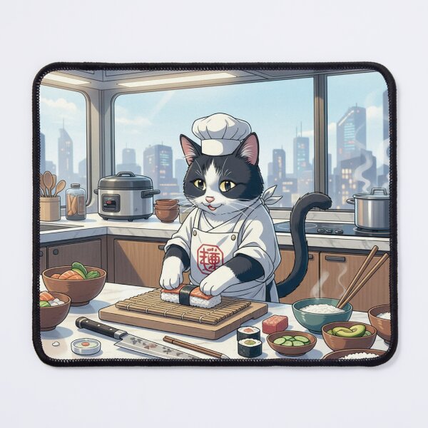 Item preview, Anime Cat Chef in Modern City Kitchen Cooking Sushi designed and sold by Koimak.