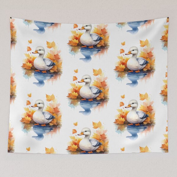 Item preview, A sweet, charming duck sits on the autumnal shore, reflected in the water. designed and sold by LiskoDesign.