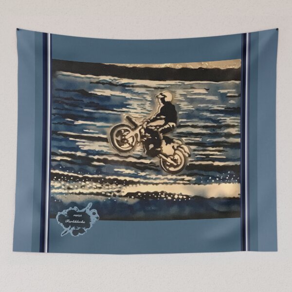 Item preview, A motorcyclist jumps with sea as background designed and sold by marysfarbklecks.