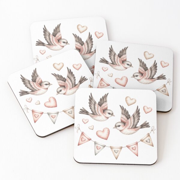 Item preview, two small birds flying around a garland of hearts and bunting flags designed and sold by 123ks.