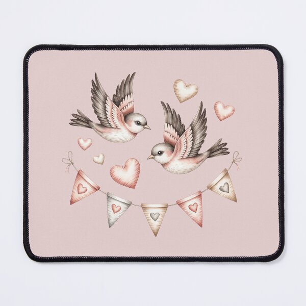 Item preview, two small birds flying around a garland of hearts and bunting flags designed and sold by 123ks.