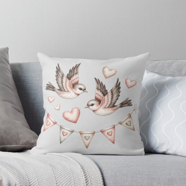 Item preview, two small birds flying around a garland of hearts and bunting flags designed and sold by 123ks.
