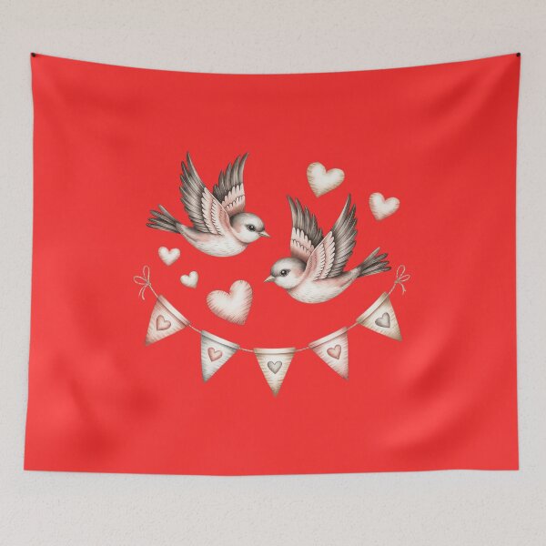 Item preview, two small birds flying around a garland of hearts and bunting flags designed and sold by 123ks.