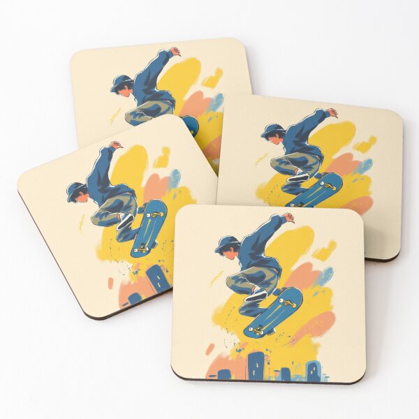 Item preview, Skateboarder performs tricks in an urban scene at sunset with tall buildings creating a dramatic backdrop designed and sold by CreativeLarysa.