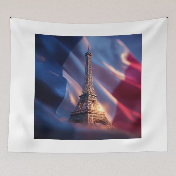 Item preview, Iconic Eiffel Tower capturing the essence of France against a waving tricolor flag in a stunning sunset designed and sold by CreativeLarysa.