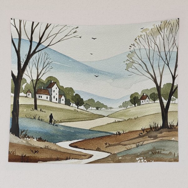Item preview, landscape of hills with small houses designed and sold by Design4uStudio.