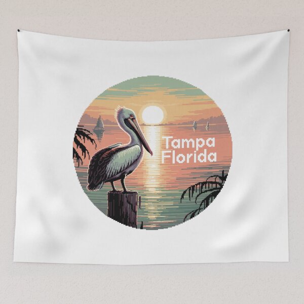 Aperçu de l'œuvre Pélican au coucher du soleil à Tampa, Floride (Pixel Art) - Design rétro de plage côtière pour les amoureux de l'océan créée et vendue par CircinusStore.