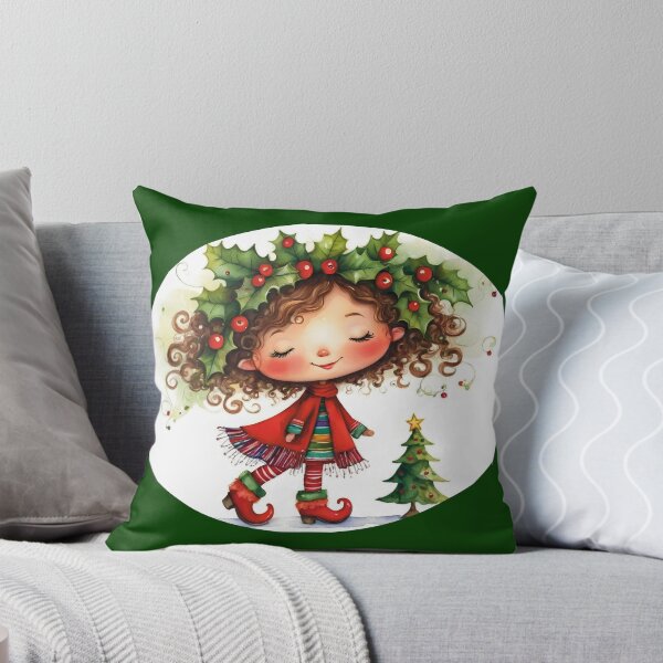Item preview, Cheerful Christmas elf in cartoon style. Cute little elf in a red coat. Adorable girl with a holly wreath and striped stockings. designed and sold by Connys Colorful World.