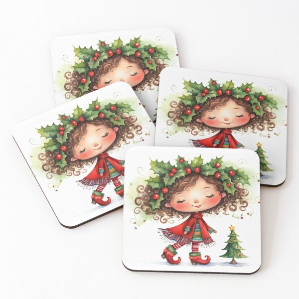 Item preview, Cheerful Christmas elf in cartoon style. Cute little elf in a red coat. Adorable girl with a holly wreath and striped stockings. designed and sold by Connys Colorful World.