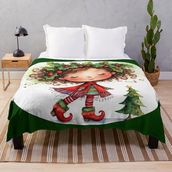 Item preview, Cheerful Christmas elf in cartoon style. Cute little elf in a red coat. Adorable girl with a holly wreath and striped stockings. designed and sold by Connys Colorful World.