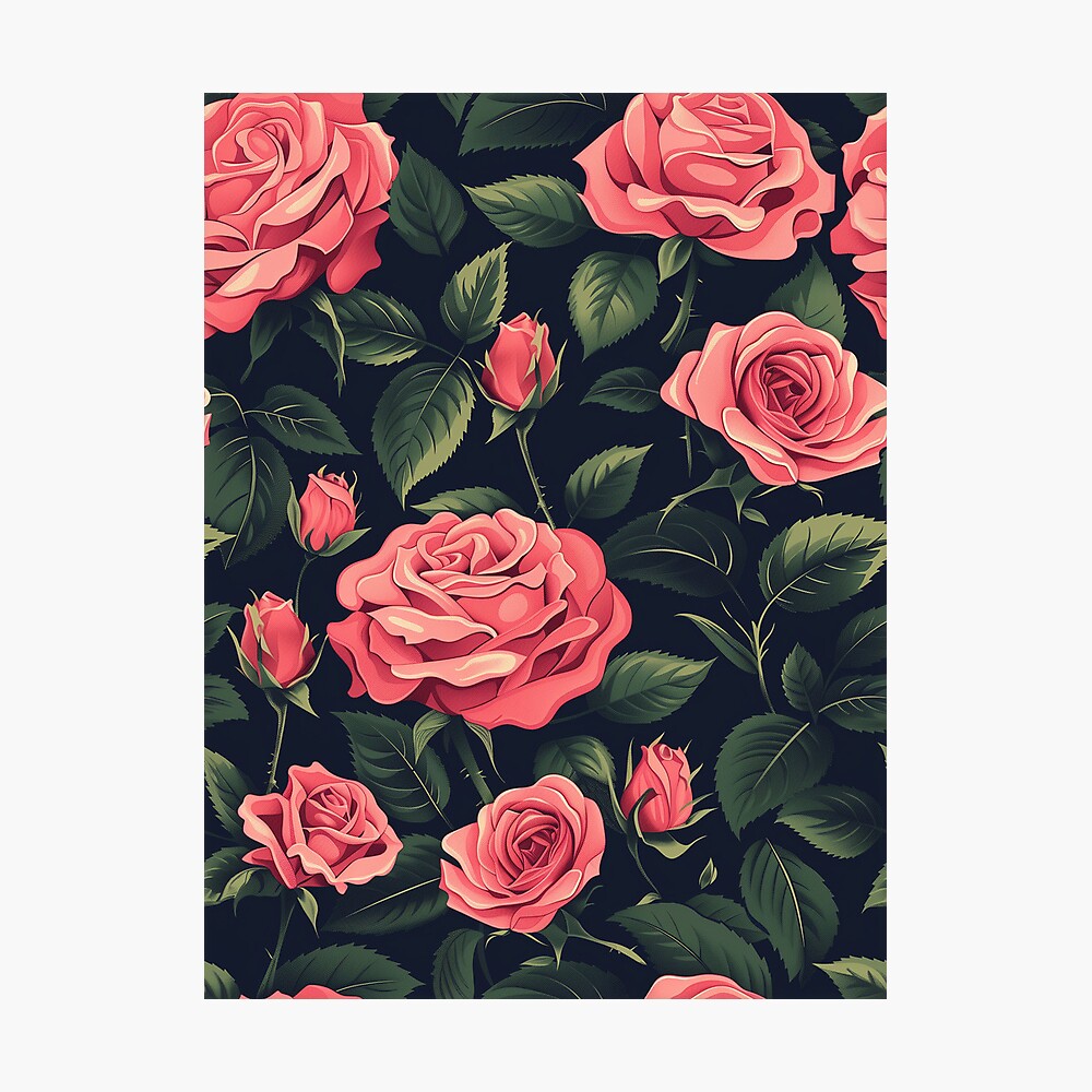Photographic Print: Pink Roses Midnight Garden - Vintage Rose Pattern