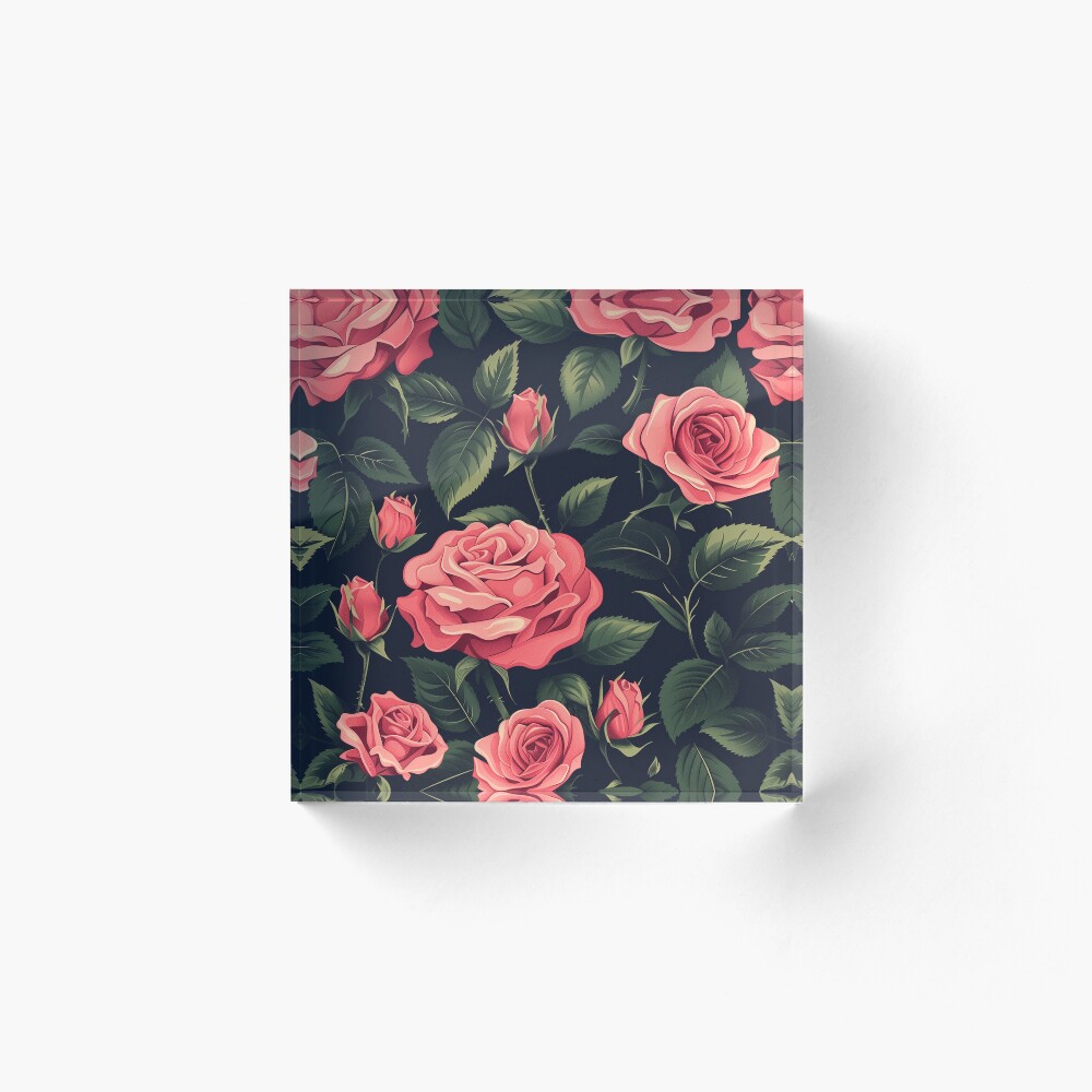 Acrylic Block Pink Roses Midnight Garden Vintage Rose Pattern