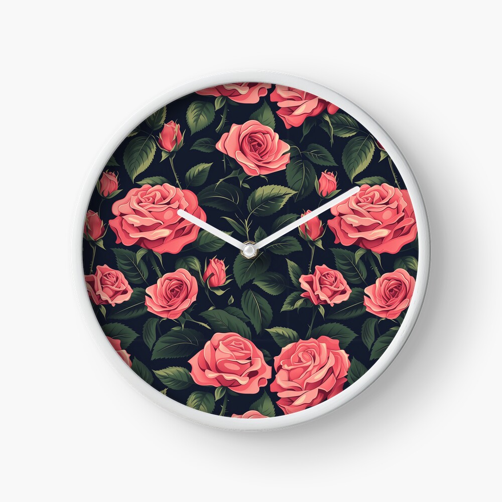 Clock Pink Roses Midnight Garden Vintage Rose Pattern Clock