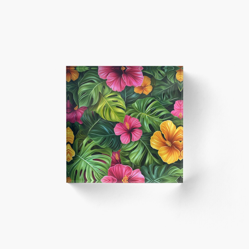 Acrylic Block Floral Tropical Hibiscus Monstera Bloom Flowers