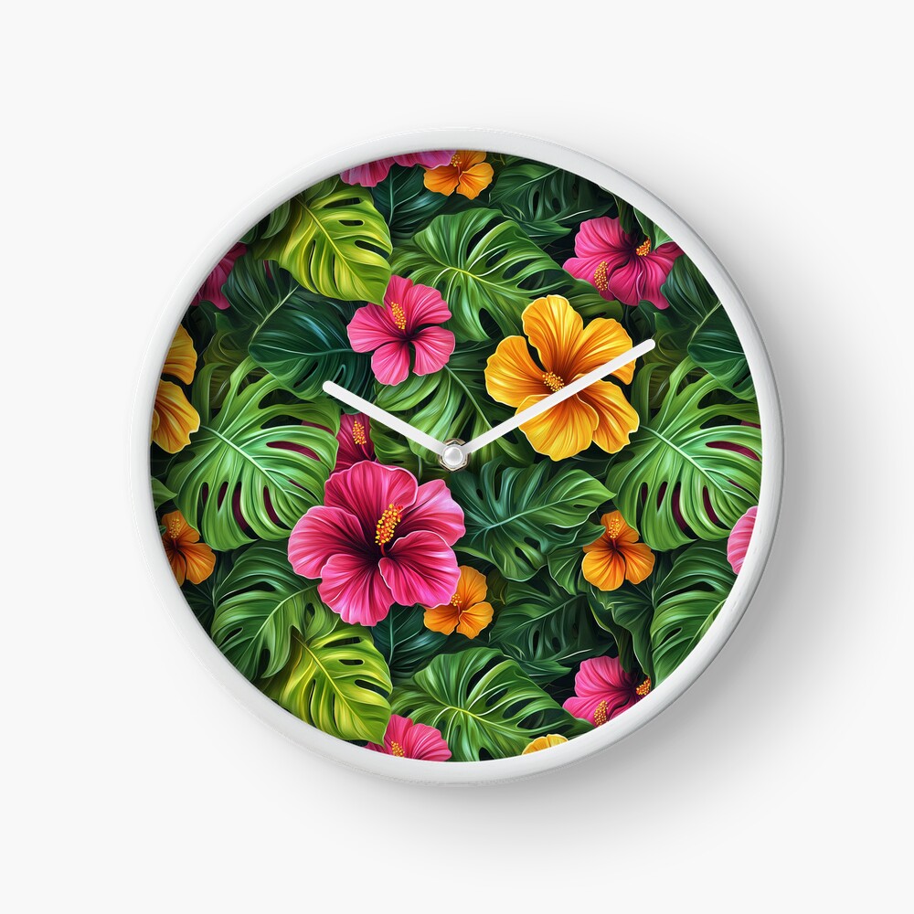 Clock Floral Tropical Hibiscus Monstera Bloom Flowers