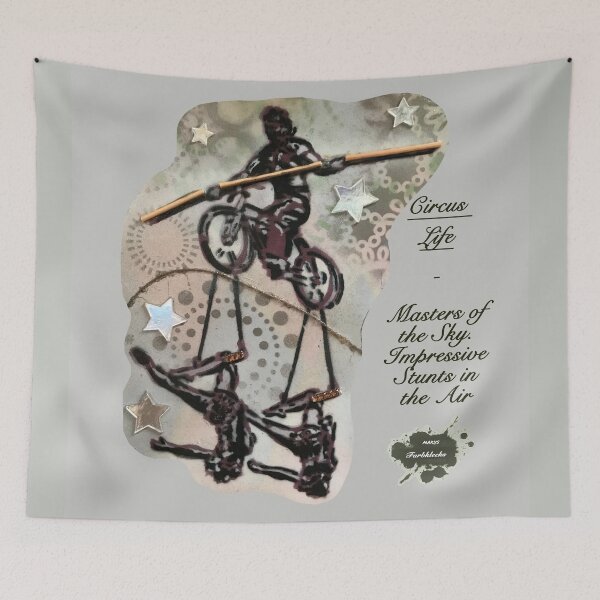 Item preview, Portrait of three aerial acrobats with a bicycle on a tightrope. designed and sold by marysfarbklecks.