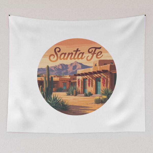 Item preview, Santa Fe New Mexico Sunset – Retro Adobe Desert Landscape with Cactus and Mountains designed and sold by CircinusStore.