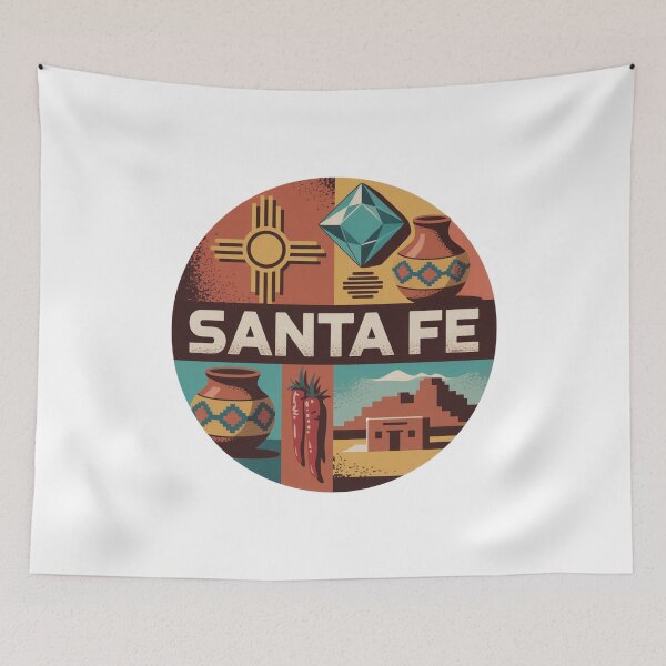 Item preview, Santa Fe New Mexico Retro Poster – Southwest Pottery, Chili Peppers & Zia Symbol Design designed and sold by CircinusStore.