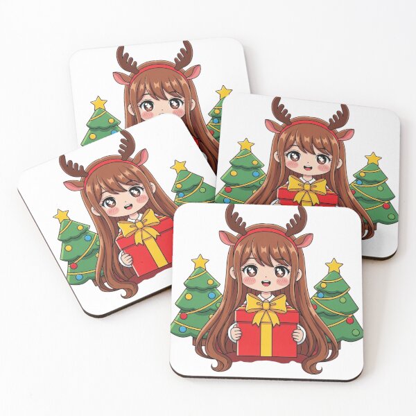 Item preview, Cute anime girl with reindeer antlers holding a christmas gift in front of decorated trees designed and sold by T-shirtmarket99.