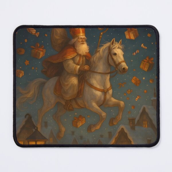 Item preview, Magical Saint Nicholas Flying Over Rooftops designed and sold by AI-Only Creations.