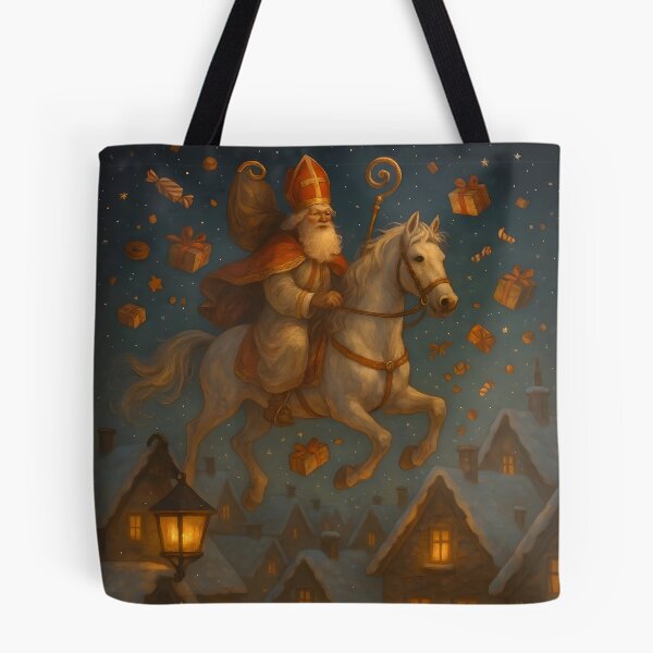 Item preview, Magical Saint Nicholas Flying Over Rooftops designed and sold by AI-Only Creations.