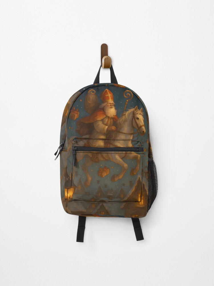 Thumbnail 1 of 3, Backpack, Magical Saint Nicholas Flying Over Rooftops designed and sold by AI-Only.