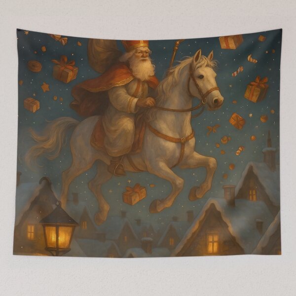 Item preview, Magical Saint Nicholas Flying Over Rooftops designed and sold by AI-Only Creations.