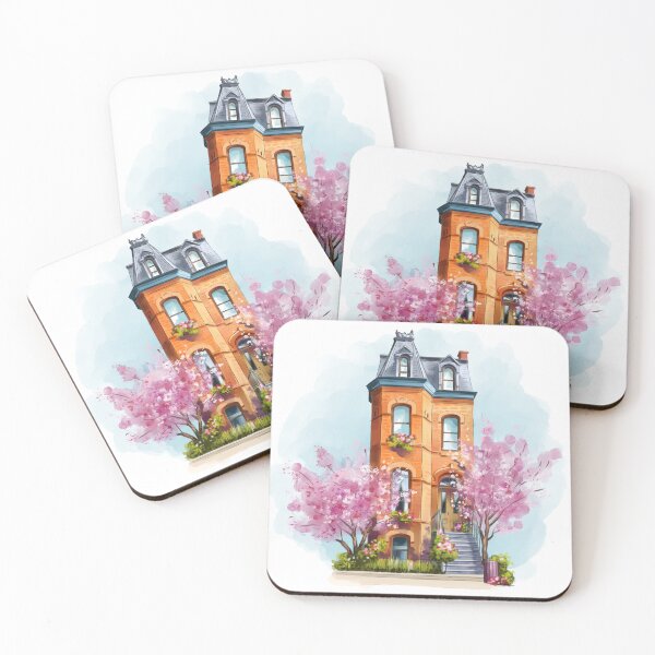 Item preview, Charming brick house surrounded by blooming cherry blossom trees on a sunny day designed and sold by Ms. Iryna.