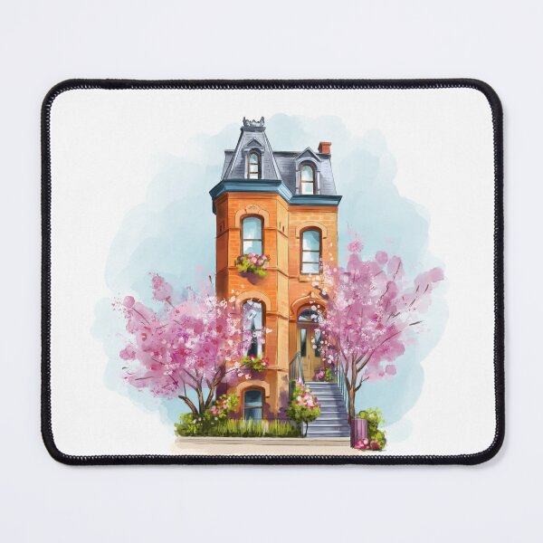 Item preview, Charming brick house surrounded by blooming cherry blossom trees on a sunny day designed and sold by Ms. Iryna.