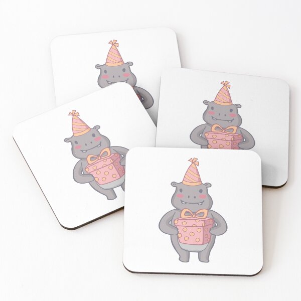 Item preview, Cute Cartoon Hippo with Gift – Adorable Party Hat Birthday Illustration designed and sold by EmeraldeaArt.