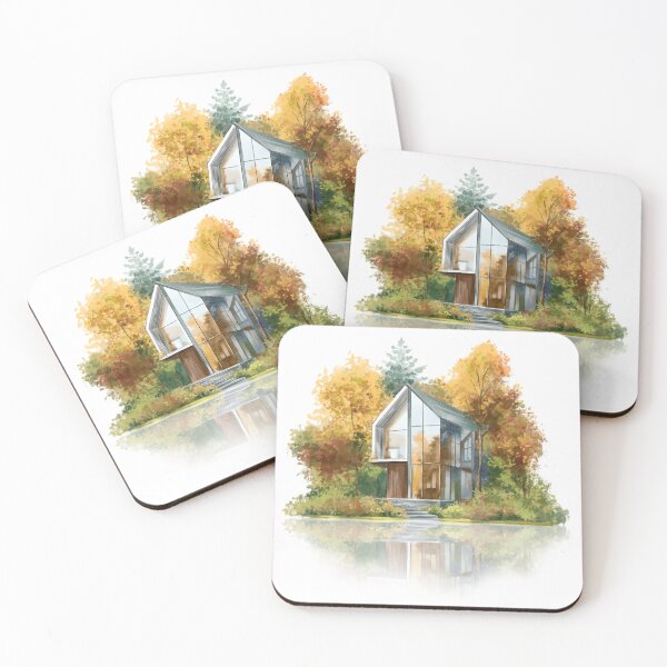 Item preview, Modern house surrounded by vibrant autumn trees reflecting in calm water designed and sold by Ms. Iryna.