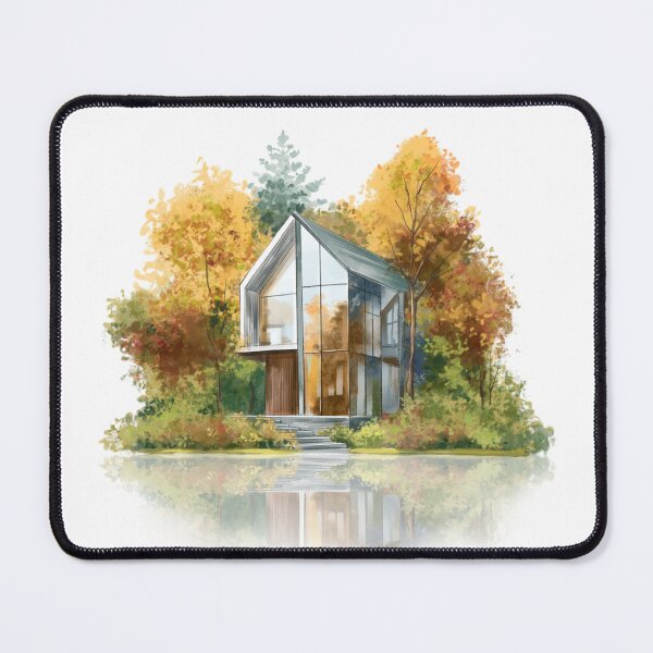 Item preview, Modern house surrounded by vibrant autumn trees reflecting in calm water designed and sold by Ms. Iryna.