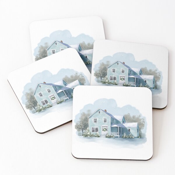 Item preview, Charming blue house decorated for winter with snow and greenery in a serene neighborhood setting designed and sold by Ms. Iryna.