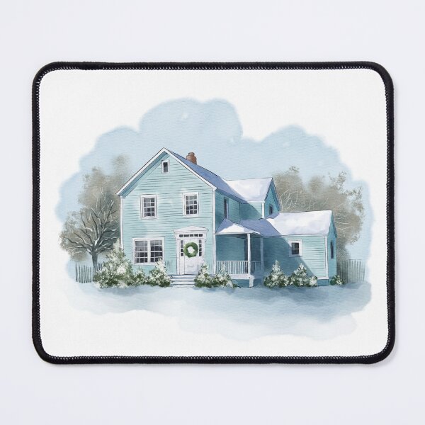 Item preview, Charming blue house decorated for winter with snow and greenery in a serene neighborhood setting designed and sold by Ms. Iryna.