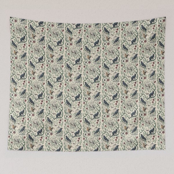 Item preview, Gothic Garden Toile Pattern - Ravens Cats Birdcages Green Vintage Wallpaper designed and sold by Random Candy Studio.