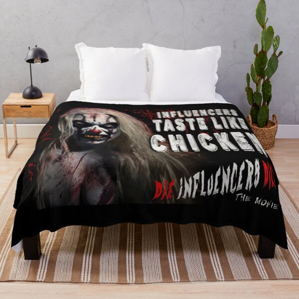 Item preview, Horror Clown T‑Shirt – “Influencers Taste Like Chicken” Scary Clown Graphic Tee, Dark Humor Halloween Shirt designed and sold by Psychoactive Circus Merch.