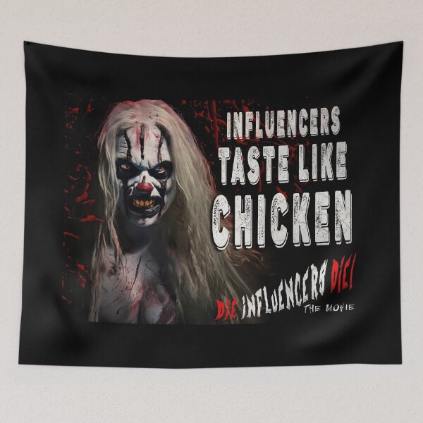 Item preview, Horror Clown T‑Shirt – “Influencers Taste Like Chicken” Scary Clown Graphic Tee, Dark Humor Halloween Shirt designed and sold by Psychoactive Circus Merch.