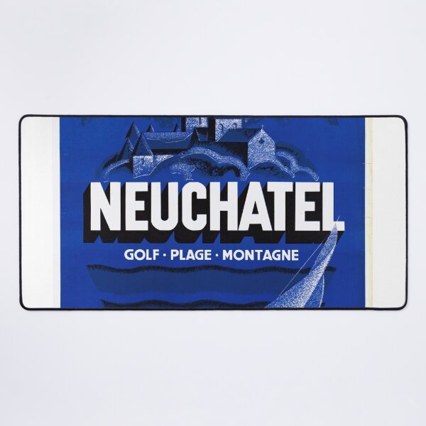 Item preview, Vintage Neuchâtel Travel Poster | Mid-Century Art Deco Style | Switzerland Scenic Beauty | Blue Palette | Golf Beach Mountain designed and sold by artofuniverse.